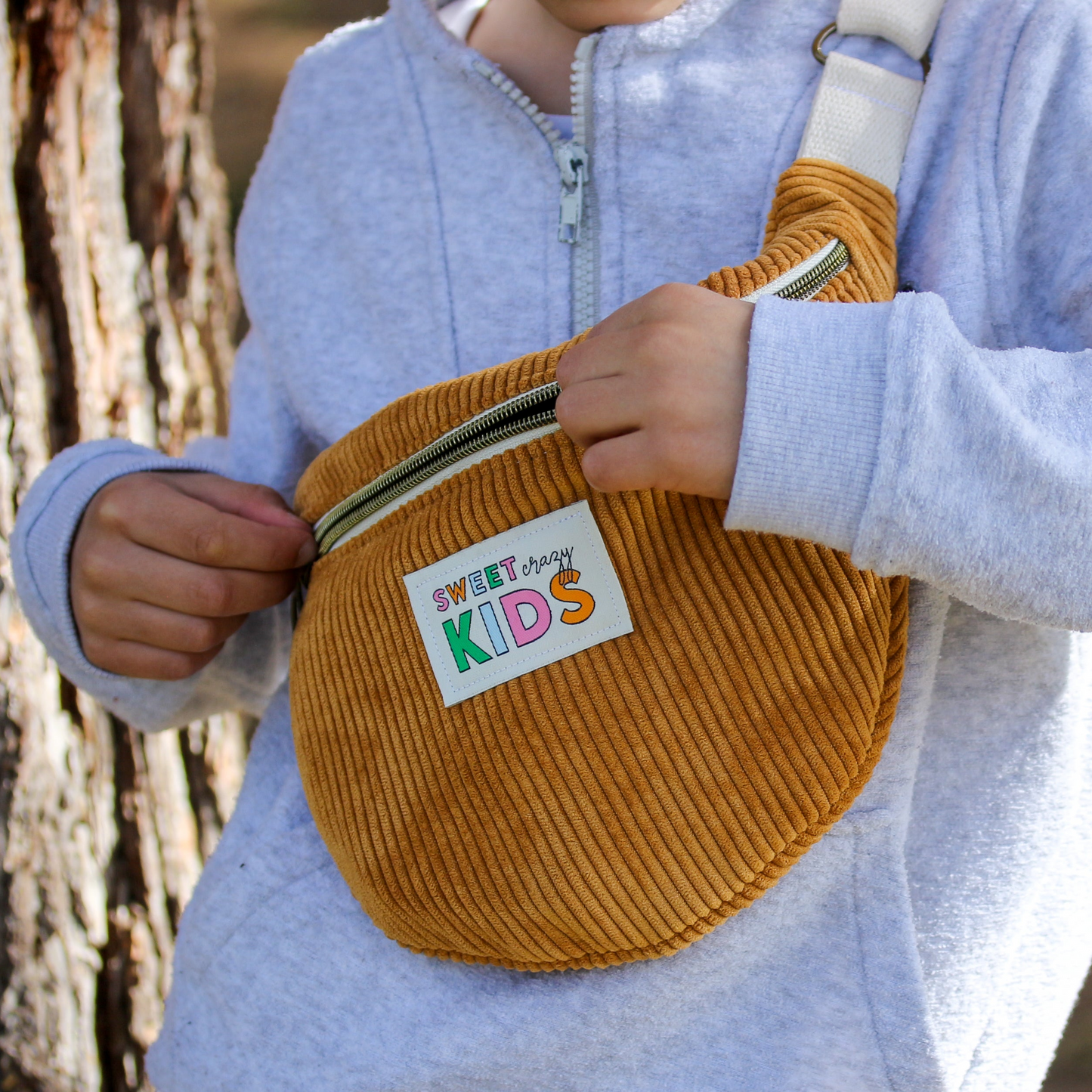Sac banane enfant "Sweet Crazy Kids" Velours côtelé Ocre / Marron clair