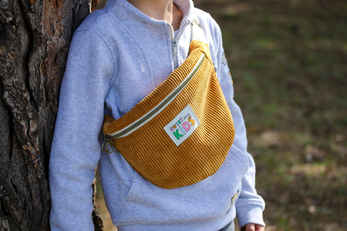 Sac banane enfant "Sweet Crazy Kids" Velours côtelé Ocre / Marron clair