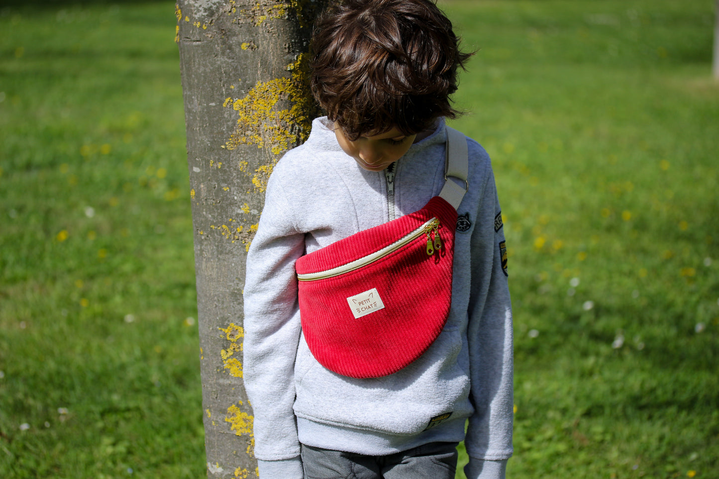 Sac banane enfant "Petit Chat" Velours côtelé rouge