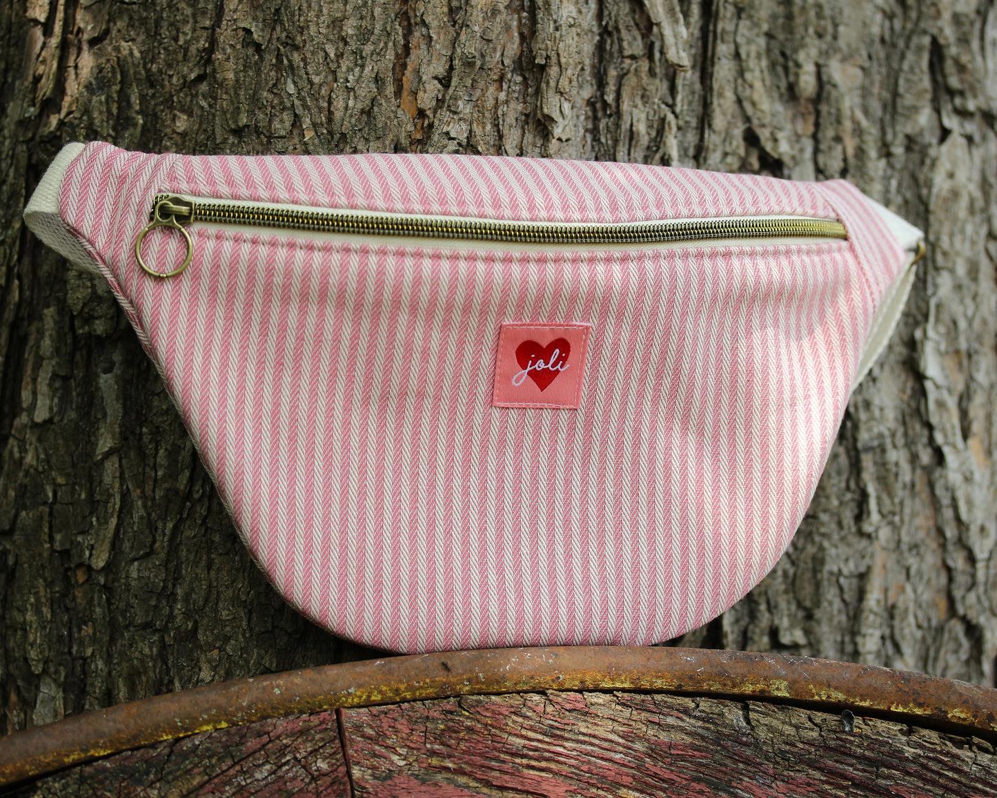Sac banane enfant rayé rose et blanc "Joli coeur"