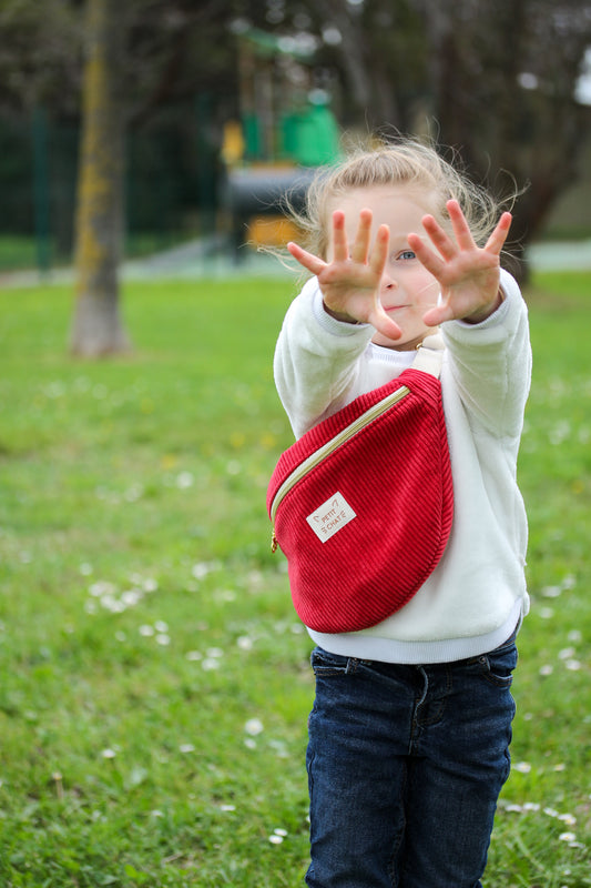 Sac banane enfant "Petit Chat" Velours côtelé rouge